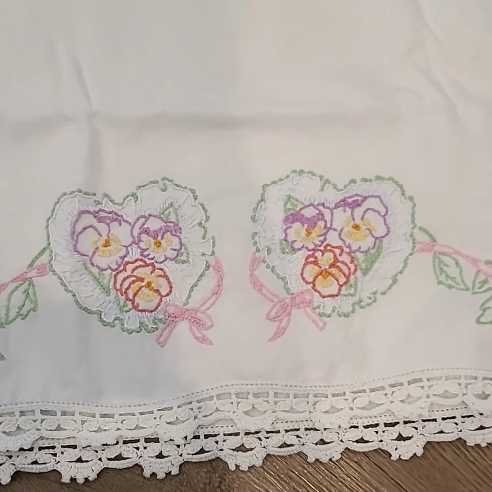 Vintage Embroidered White Pillowcases with Floral Design